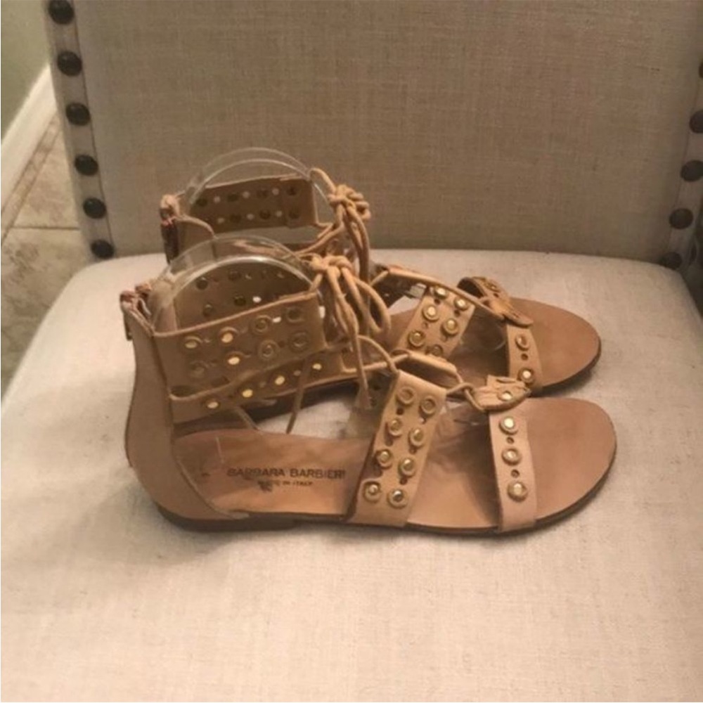 Barbara Barbieri Tan Gladiator Sandals - studded lace up flats